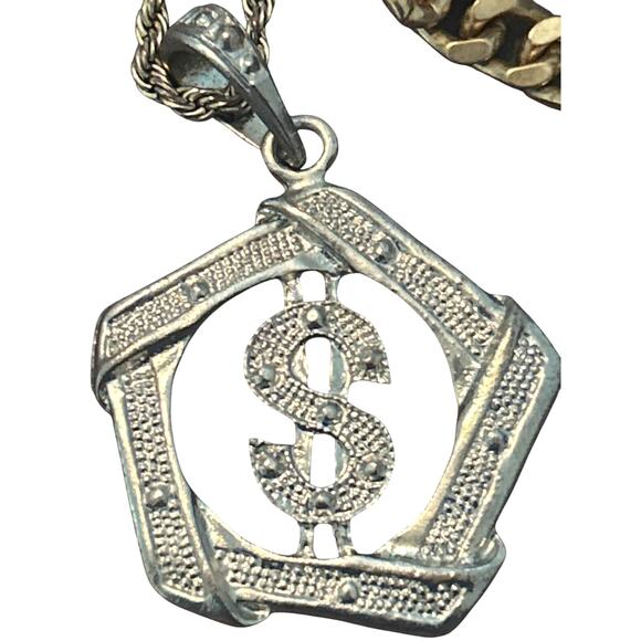 GUC Two Necklaces Silvertone/Goldtone Dollar Sign/Bulky Chain Costume Jewelry - Picture 3 of 5